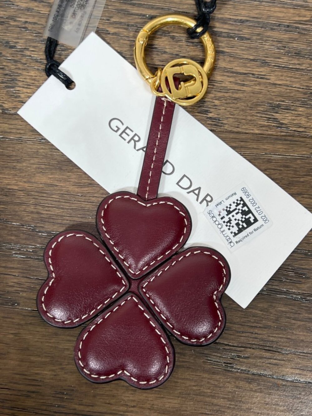 GERARD DAREL Leather Bag Charm Key Ring 4 Leaf Clover Bordeaux Brown NWT - Picture 3 of 6